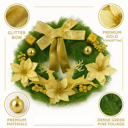Christmas Wreath Golden w/Reindeer, Cherries, Bells & Bows 18"