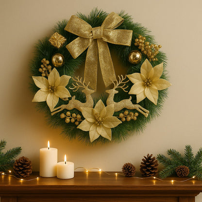 Christmas Wreath Golden w/Reindeer, Cherries, Bells & Bows 18"