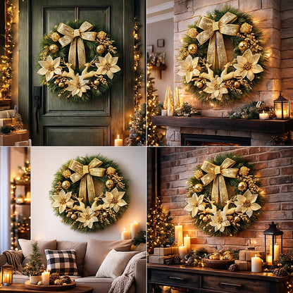 Christmas Wreath Golden w/Reindeer, Cherries, Bells & Bows 18"