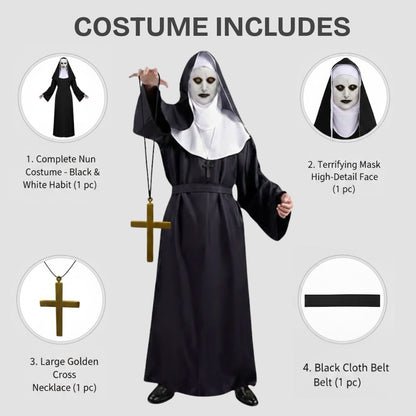 Conjuring Nun Costume Adult Large w/ Waist Belt and Latex Mask