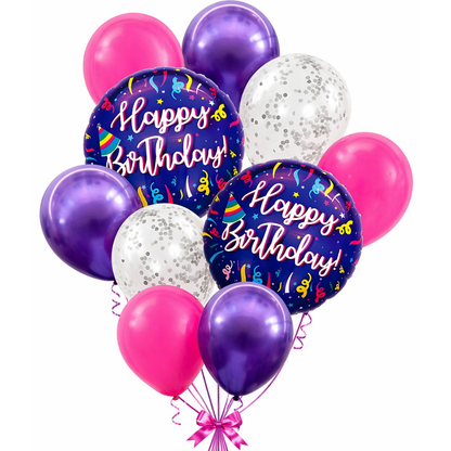 Happy Birthday Purple Fireworks Helium Balloon Set of 10 (2 Purple Foil 18 Inch + 3 Purple + 3 Hot Pink + 2 Silver Confetti Balloons) | Pre-Inflated & Delivered | Birthday Decoration