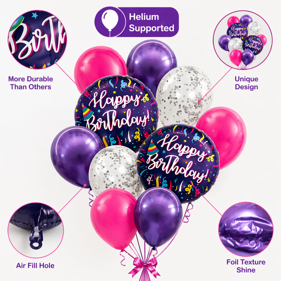 Happy Birthday Purple Fireworks Foil Balloon Set of 10 for Decoration | 2 Purple 18 Inch Foil Balloons + 3 Purple + 3 Hot Pink + 2 Silver Confetti Balloons