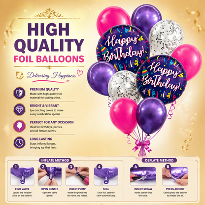 Happy Birthday Purple Fireworks Foil Balloon Set of 10 for Decoration | 2 Purple 18 Inch Foil Balloons + 3 Purple + 3 Hot Pink + 2 Silver Confetti Balloons