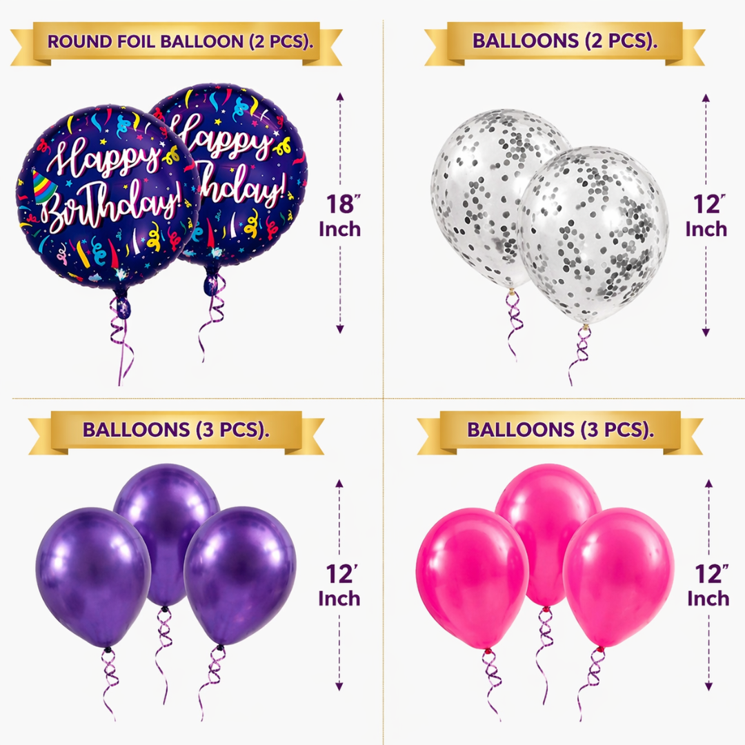 Happy Birthday Purple Fireworks Foil Balloon Set of 10 for Decoration | 2 Purple 18 Inch Foil Balloons + 3 Purple + 3 Hot Pink + 2 Silver Confetti Balloons
