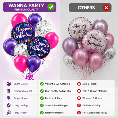 Happy Birthday Purple Fireworks Foil Balloon Set of 10 for Decoration | 2 Purple 18 Inch Foil Balloons + 3 Purple + 3 Hot Pink + 2 Silver Confetti Balloons