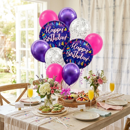 Happy Birthday Purple Fireworks Helium Balloon Set of 10 (2 Purple Foil 18 Inch + 3 Purple + 3 Hot Pink + 2 Silver Confetti Balloons) | Pre-Inflated & Delivered | Birthday Decoration