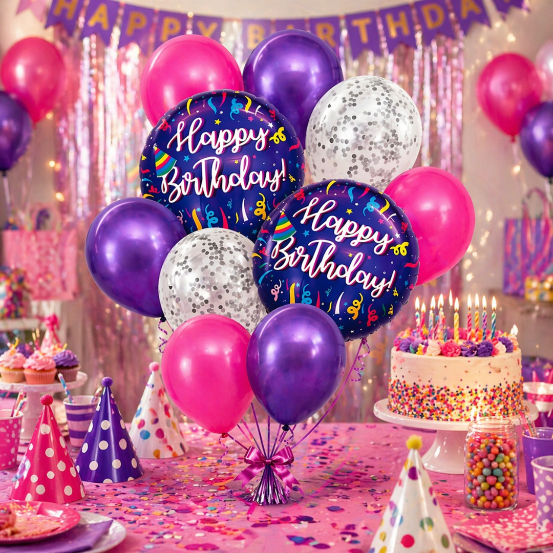 Happy Birthday Purple Fireworks Foil Balloon Set of 10 for Decoration | 2 Purple 18 Inch Foil Balloons + 3 Purple + 3 Hot Pink + 2 Silver Confetti Balloons
