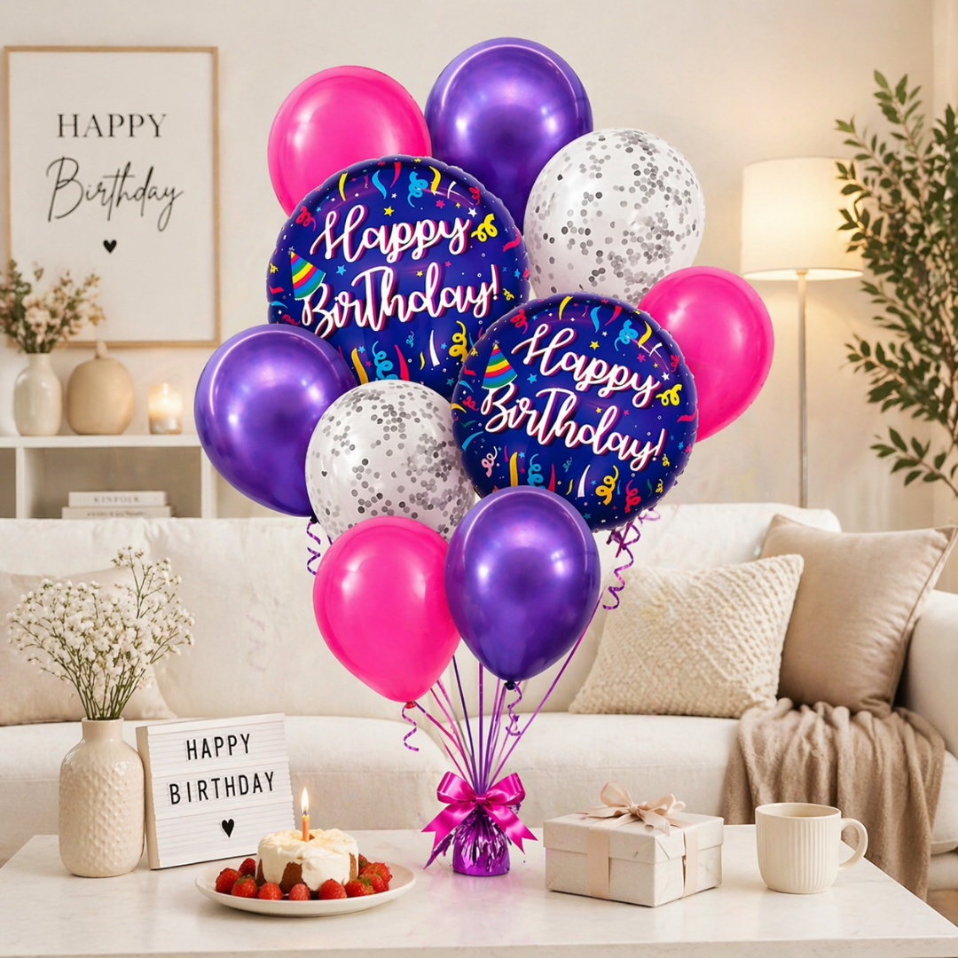 Happy Birthday Purple Fireworks Helium Balloon Set of 10 (2 Purple Foil 18 Inch + 3 Purple + 3 Hot Pink + 2 Silver Confetti Balloons) | Pre-Inflated & Delivered | Birthday Decoration
