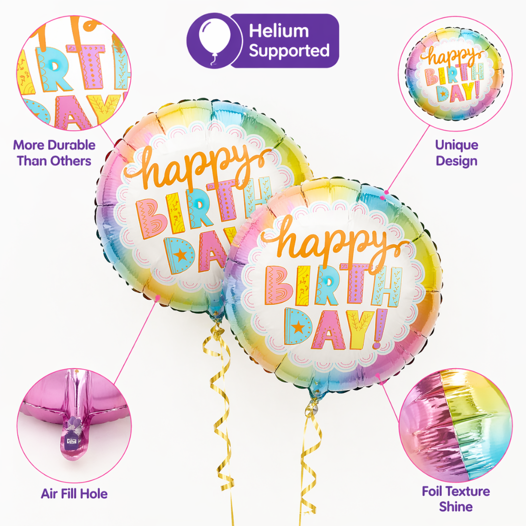Happy Birthday Colorful Helium Balloon Set of 10 (2 Round Foil 18 Inch + 3 Lavender + 3 Light Pink + 2 Gold Confetti Balloons) | Pre-Inflated & Delivered | Birthday Decoration