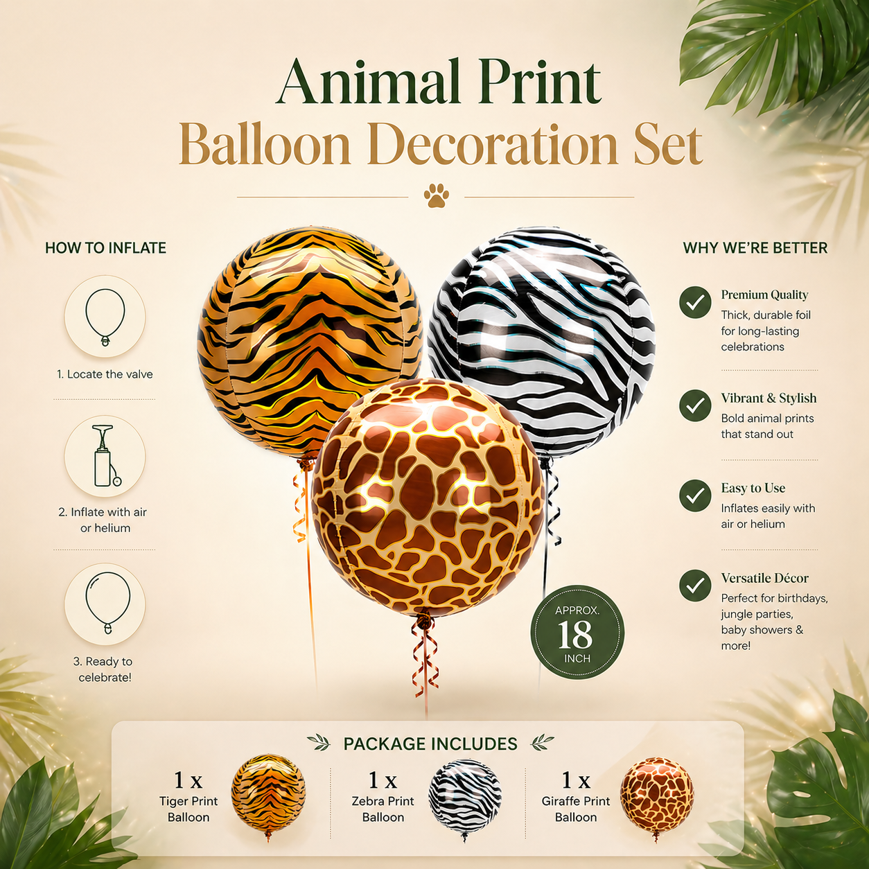 Animal Print Orbz Shaped Balloon Bouquet Set of 3 | Helium Filled and Delivers Inflated