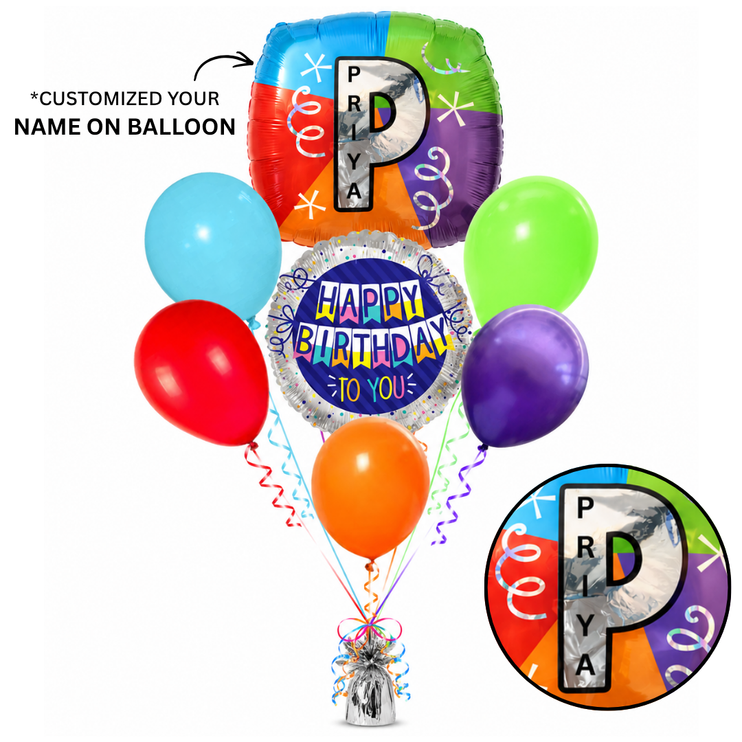 Alphabet "P" Printed Square Shaped Balloon with Customized Name Balloon Bouquet Set of 7PC | Helium Filled & Delivers Inflated