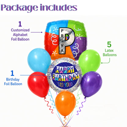 Alphabet "P" Printed Square Shaped Balloon with Customized Name Balloon Bouquet Set of 7PC | Helium Filled & Delivers Inflated