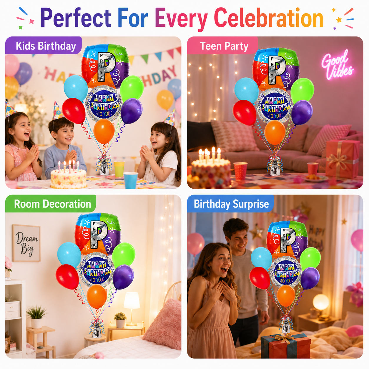 Alphabet "P" Printed Square Shaped Balloon with Customized Name Balloon Bouquet Set of 7PC | Helium Filled & Delivers Inflated