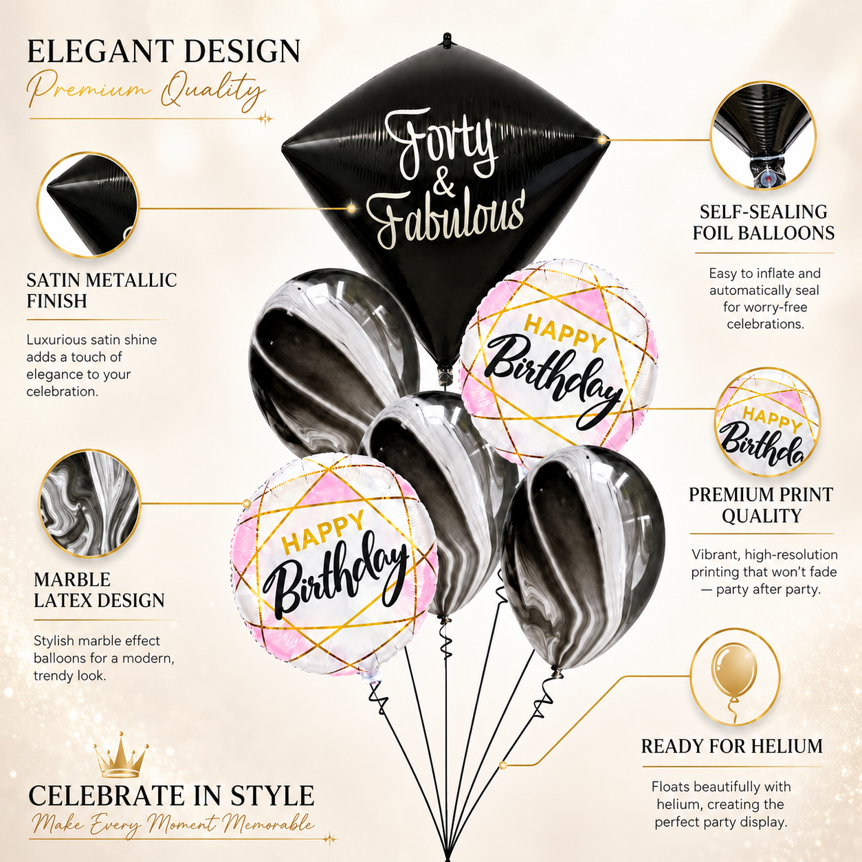 40th Birthday Dimaond Shape Balloon Bouquet with Marble Print Ballons and Happy Birthday Foil - Set of 6PC | Helium Filled & Delivers Inflated