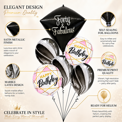 40th Birthday Dimaond Shape Balloon Bouquet with Marble Print Ballons and Happy Birthday Foil - Set of 6PC | Helium Filled & Delivers Inflated