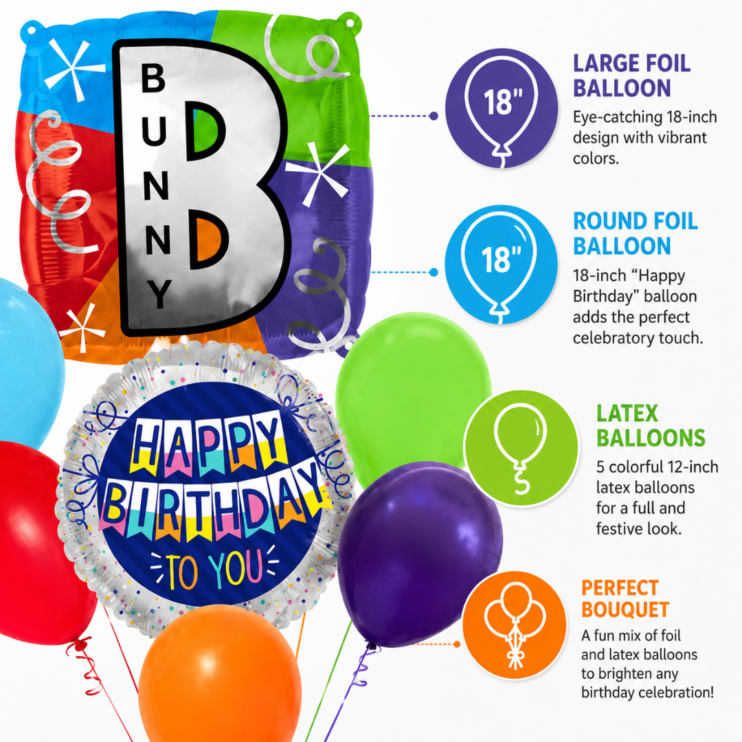 Customizable Alphabet "B" Square Shaped Balloon with Customized Name Stickers Bouquet Set of 7PC | Customizable Name Inital Balloons| Choose Your Name | Helium Filled & Delivers Inflated