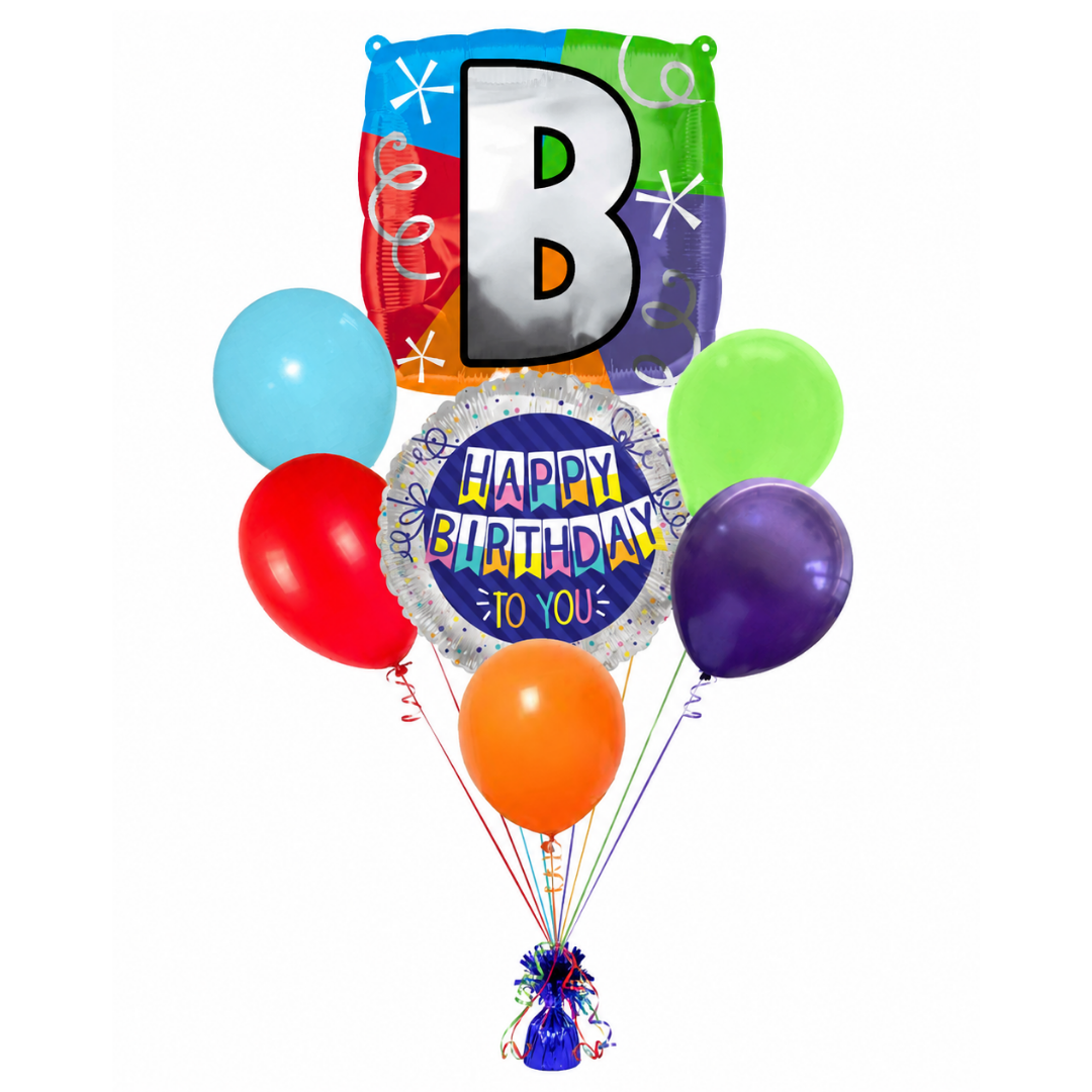 Customizable Alphabet "B" Square Shaped Balloon with Customized Name Stickers Bouquet Set of 7PC | Customizable Name Inital Balloons| Choose Your Name | Helium Filled & Delivers Inflated