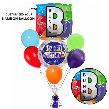 Customizable Alphabet "B" Square Shaped Balloon with Customized Name Stickers Bouquet Set of 7PC | Customizable Name Inital Balloons| Choose Your Name | Helium Filled & Delivers Inflated