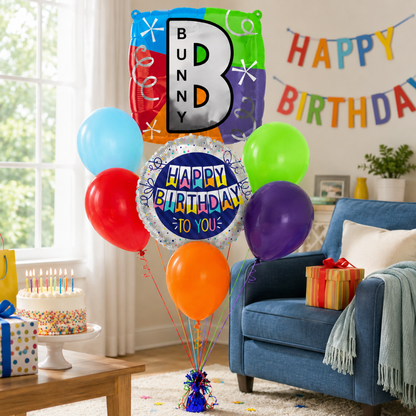 Customizable Alphabet "B" Square Shaped Balloon with Customized Name Stickers Bouquet Set of 7PC | Customizable Name Inital Balloons| Choose Your Name | Helium Filled & Delivers Inflated