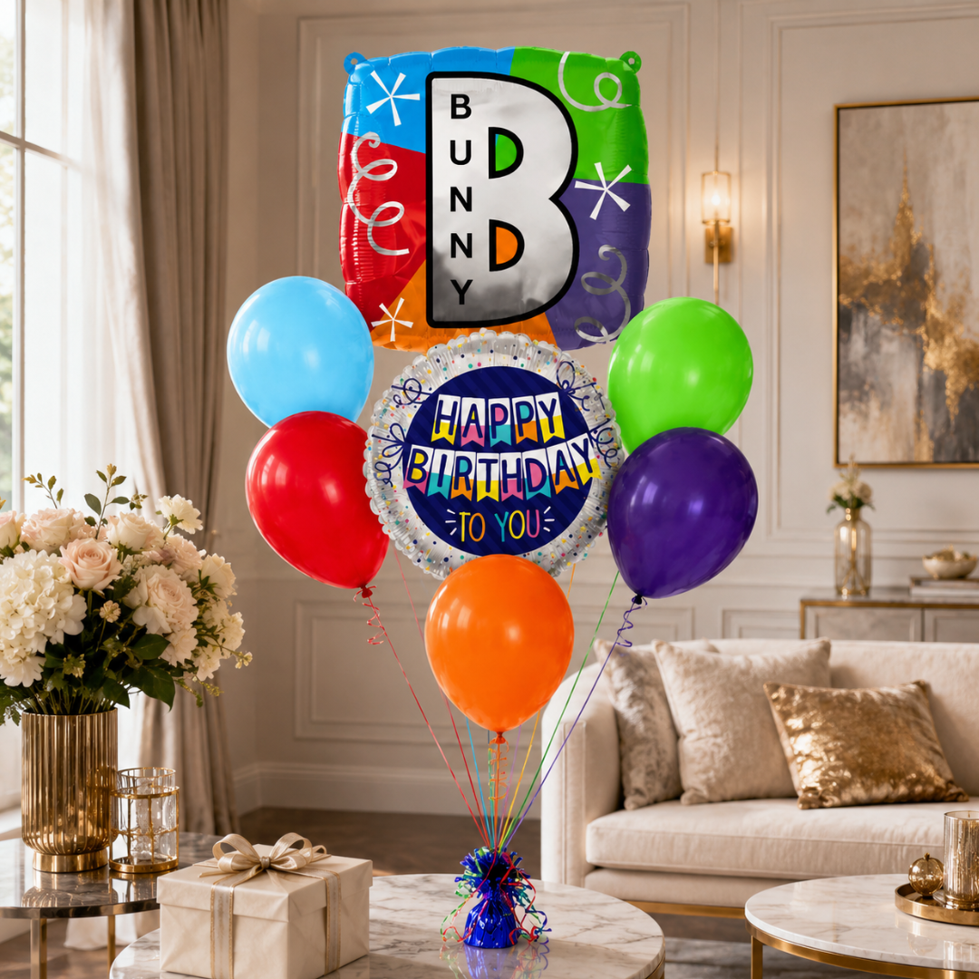 Customizable Alphabet "B" Square Shaped Balloon with Customized Name Stickers Bouquet Set of 7PC | Customizable Name Inital Balloons| Choose Your Name | Helium Filled & Delivers Inflated