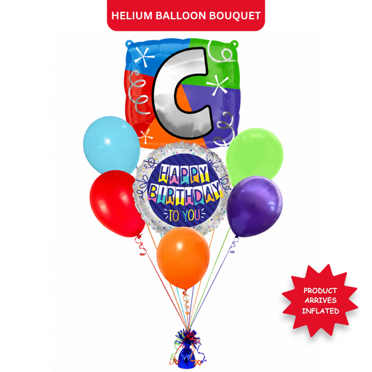 Customizable Alphabet "C" Square Shaped Balloon with Customized Name Stickers Bouquet Set of 7PC | Customizable Name Inital Balloons| Choose Your Name | Helium Filled & Delivers Inflated