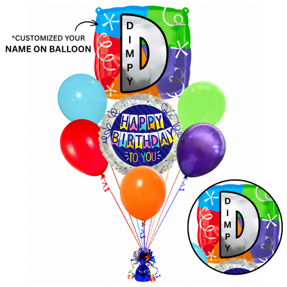 Customizable Alphabet "D" Square Shaped Balloon with Customized Name Stickers Bouquet Set of 7PC | Customizable Name Inital Balloons| Choose Your Name | Helium Filled & Delivers Inflated