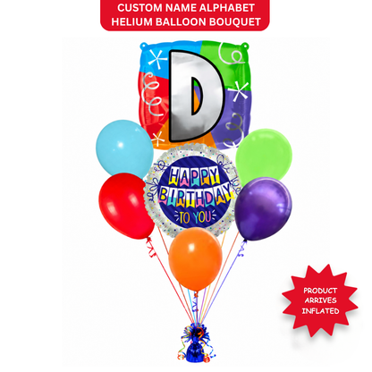 Customizable Alphabet "D" Square Shaped Balloon with Customized Name Stickers Bouquet Set of 7PC | Customizable Name Inital Balloons| Choose Your Name | Helium Filled & Delivers Inflated