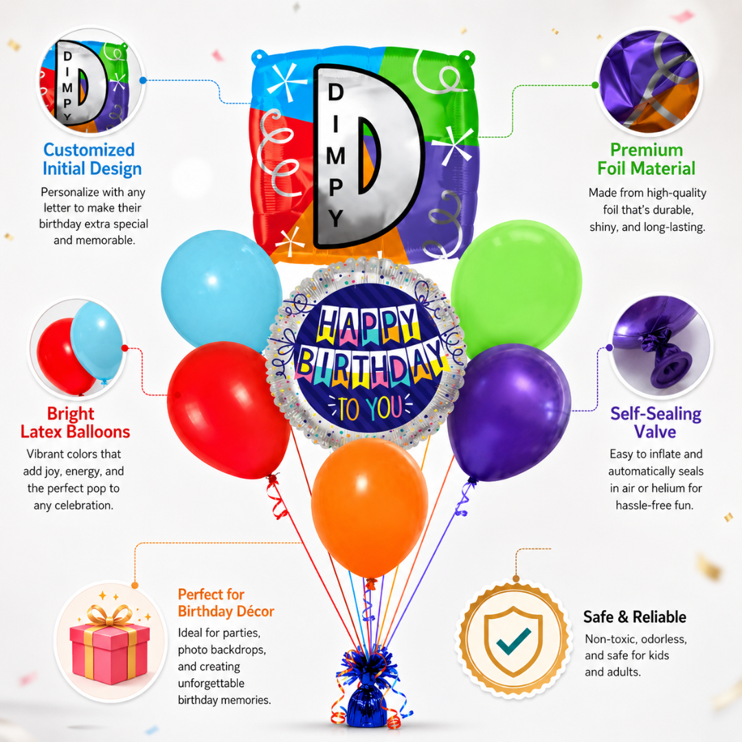 Customizable Alphabet "D" Square Shaped Balloon with Customized Name Stickers Bouquet Set of 7PC | Customizable Name Inital Balloons| Choose Your Name | Helium Filled & Delivers Inflated