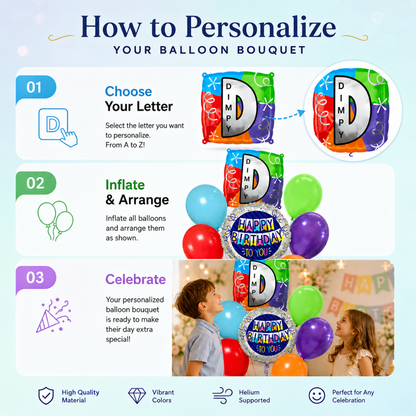 Customizable Alphabet "D" Square Shaped Balloon with Customized Name Stickers Bouquet Set of 7PC | Customizable Name Inital Balloons| Choose Your Name | Helium Filled & Delivers Inflated