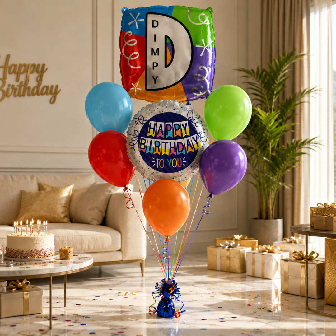 Customizable Alphabet "D" Square Shaped Balloon with Customized Name Stickers Bouquet Set of 7PC | Customizable Name Inital Balloons| Choose Your Name | Helium Filled & Delivers Inflated