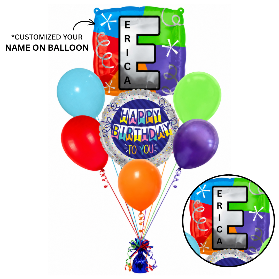 Customizable Alphabet "E" Square Shaped Balloon with Customized Name Stickers Bouquet Set of 7PC | Customizable Name Inital Balloons| Choose Your Name | Helium Filled & Delivers Inflated