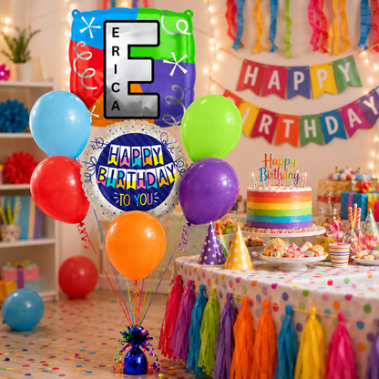 Customizable Alphabet "E" Square Shaped Balloon with Customized Name Stickers Bouquet Set of 7PC | Customizable Name Inital Balloons| Choose Your Name | Helium Filled & Delivers Inflated