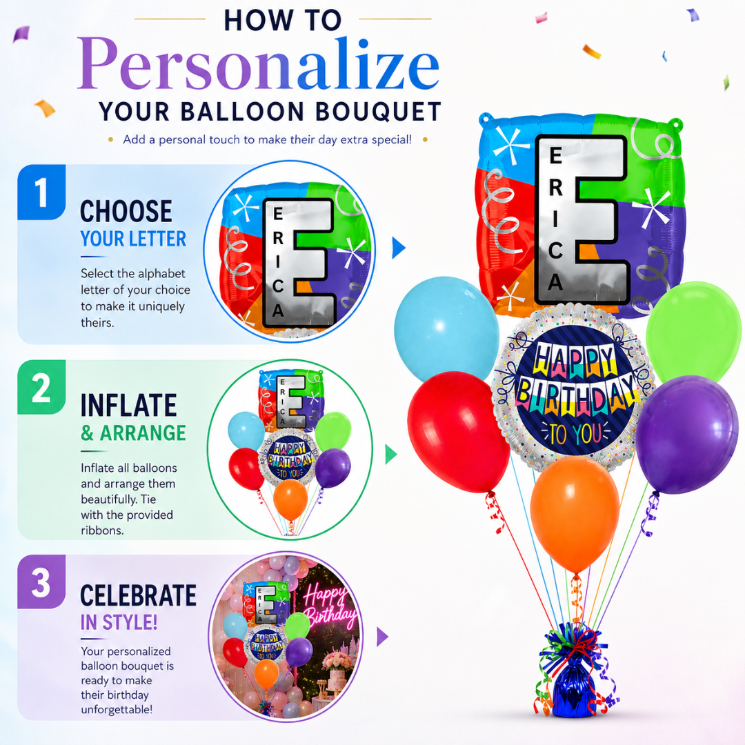 Customizable Alphabet "E" Square Shaped Balloon with Customized Name Stickers Bouquet Set of 7PC | Customizable Name Inital Balloons| Choose Your Name | Helium Filled & Delivers Inflated