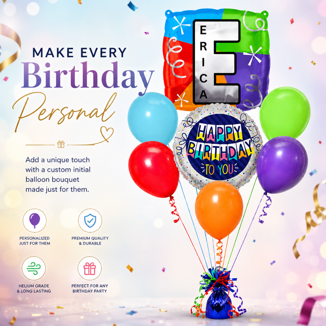 Customizable Alphabet "E" Square Shaped Balloon with Customized Name Stickers Bouquet Set of 7PC | Customizable Name Inital Balloons| Choose Your Name | Helium Filled & Delivers Inflated