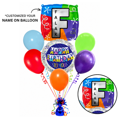 Customizable Alphabet "F" Square Shaped Balloon with Customized Name Stickers Bouquet Set of 7PC | Customizable Name Inital Balloons| Choose Your Name | Helium Filled & Delivers Inflated