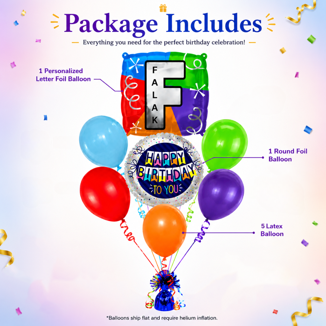 Customizable Alphabet "F" Square Shaped Balloon with Customized Name Stickers Bouquet Set of 7PC | Customizable Name Inital Balloons| Choose Your Name | Helium Filled & Delivers Inflated