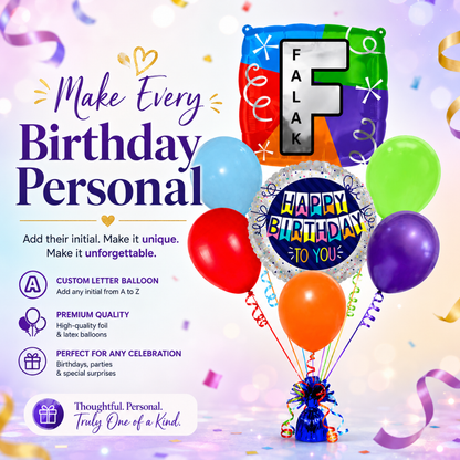 Customizable Alphabet "F" Square Shaped Balloon with Customized Name Stickers Bouquet Set of 7PC | Customizable Name Inital Balloons| Choose Your Name | Helium Filled & Delivers Inflated