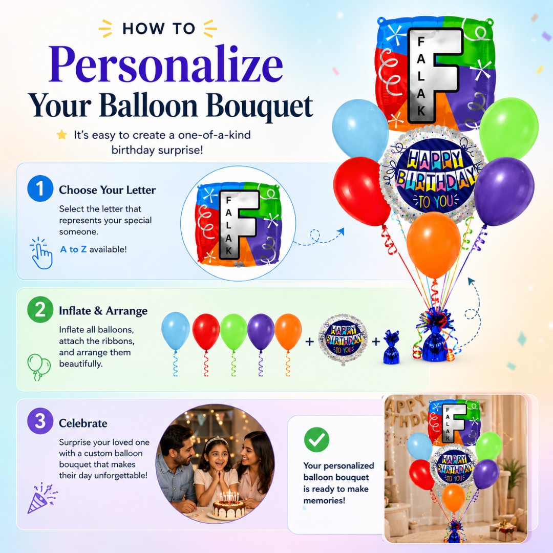 Customizable Alphabet "F" Square Shaped Balloon with Customized Name Stickers Bouquet Set of 7PC | Customizable Name Inital Balloons| Choose Your Name | Helium Filled & Delivers Inflated