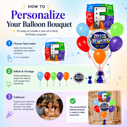 Customizable Alphabet "F" Square Shaped Balloon with Customized Name Stickers Bouquet Set of 7PC | Customizable Name Inital Balloons| Choose Your Name | Helium Filled & Delivers Inflated