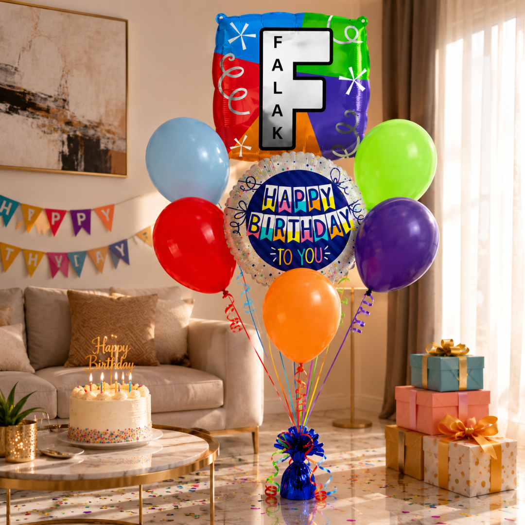 Customizable Alphabet "F" Square Shaped Balloon with Customized Name Stickers Bouquet Set of 7PC | Customizable Name Inital Balloons| Choose Your Name | Helium Filled & Delivers Inflated