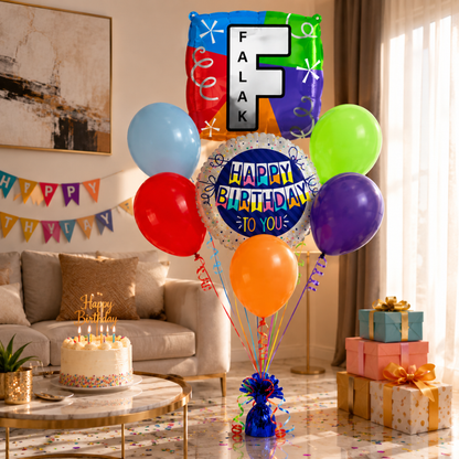 Customizable Alphabet "F" Square Shaped Balloon with Customized Name Stickers Bouquet Set of 7PC | Customizable Name Inital Balloons| Choose Your Name | Helium Filled & Delivers Inflated