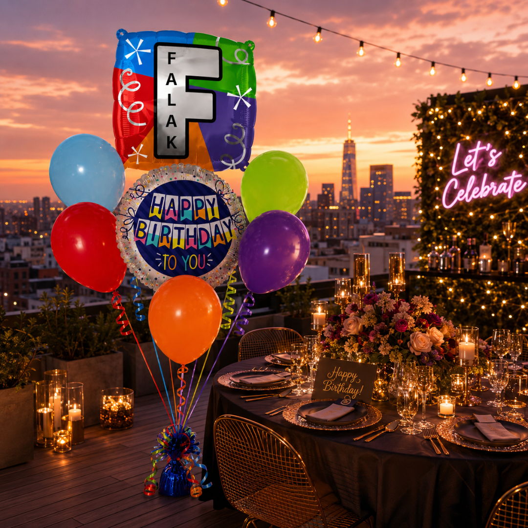 Customizable Alphabet "F" Square Shaped Balloon with Customized Name Stickers Bouquet Set of 7PC | Customizable Name Inital Balloons| Choose Your Name | Helium Filled & Delivers Inflated