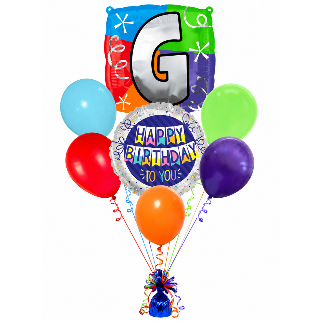 Customizable Alphabet "G" Square Shaped Balloon with Customized Name Stickers Bouquet Set of 7PC | Customizable Name Inital Balloons| Choose Your Name | Helium Filled & Delivers Inflated