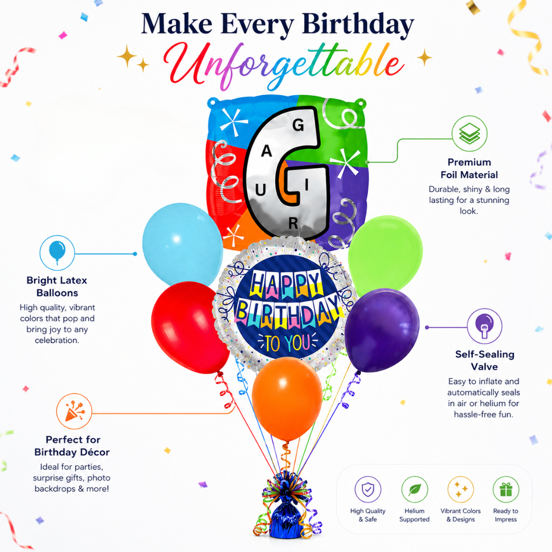 Customizable Alphabet "G" Square Shaped Balloon with Customized Name Stickers Bouquet Set of 7PC | Customizable Name Inital Balloons| Choose Your Name | Helium Filled & Delivers Inflated