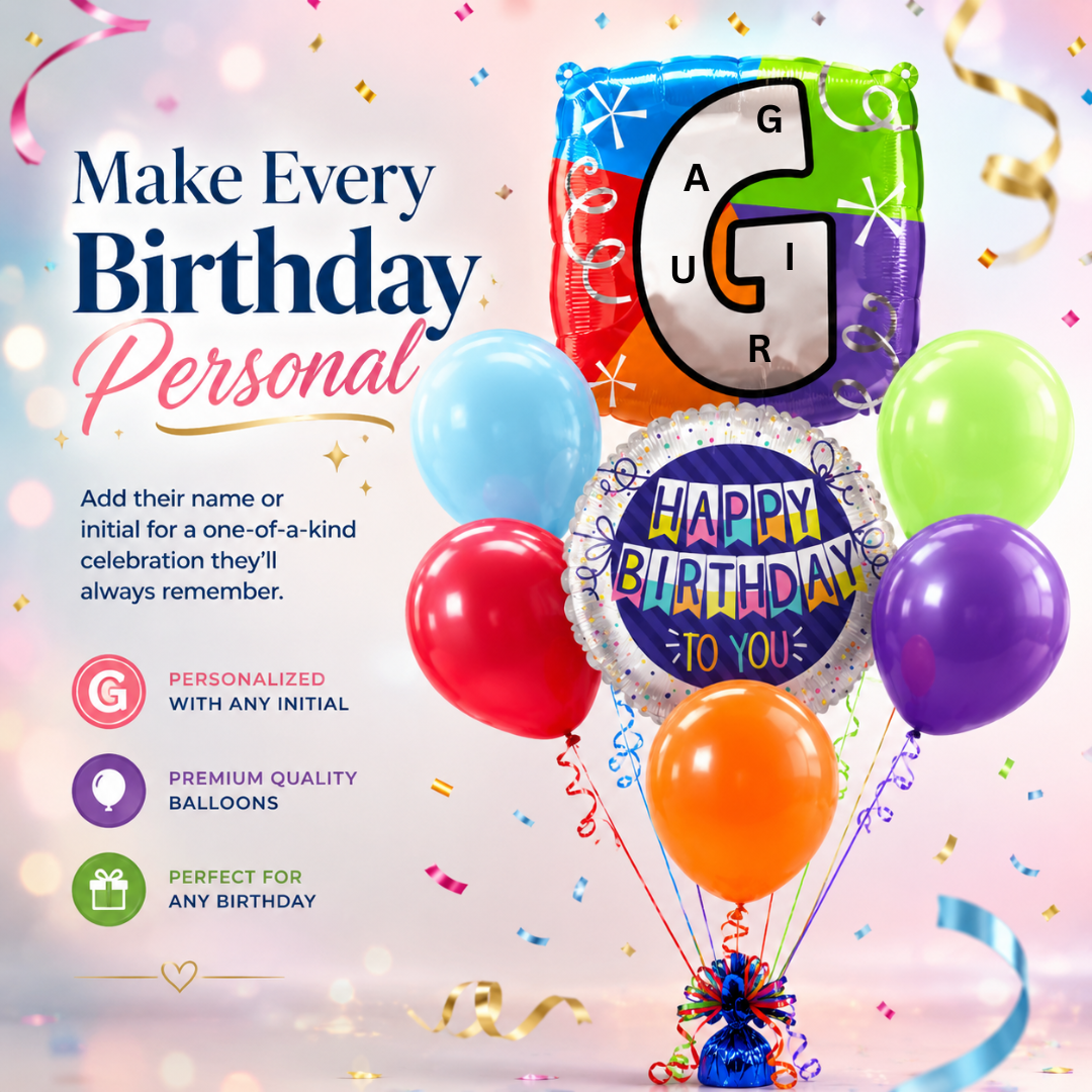 Customizable Alphabet "G" Square Shaped Balloon with Customized Name Stickers Bouquet Set of 7PC | Customizable Name Inital Balloons| Choose Your Name | Helium Filled & Delivers Inflated