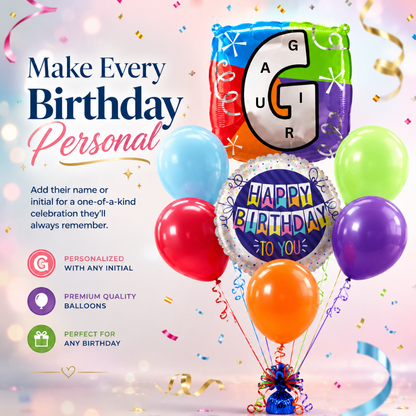 Customizable Alphabet "G" Square Shaped Balloon with Customized Name Stickers Bouquet Set of 7PC | Customizable Name Inital Balloons| Choose Your Name | Helium Filled & Delivers Inflated