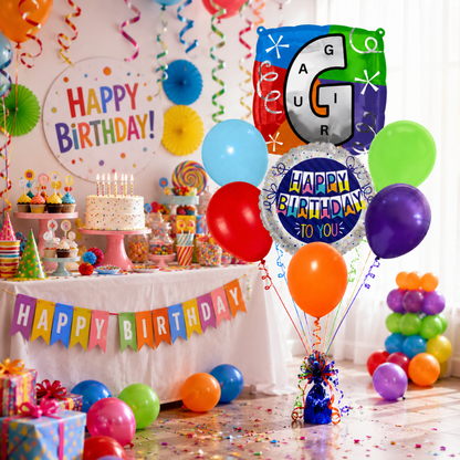 Customizable Alphabet "G" Square Shaped Balloon with Customized Name Stickers Bouquet Set of 7PC | Customizable Name Inital Balloons| Choose Your Name | Helium Filled & Delivers Inflated