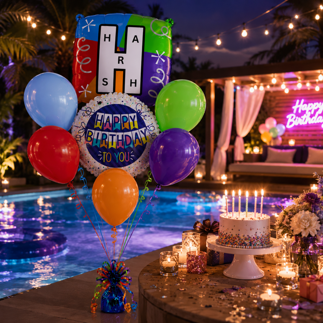 Customizable Alphabet "H" Square Shaped Balloon with Customized Name Stickers Bouquet Set of 7PC | Customizable Name Inital Balloons| Choose Your Name | Helium Filled & Delivers Inflated