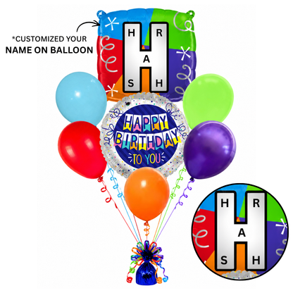 Customizable Alphabet "H" Square Shaped Balloon with Customized Name Stickers Bouquet Set of 7PC | Customizable Name Inital Balloons| Choose Your Name | Helium Filled & Delivers Inflated