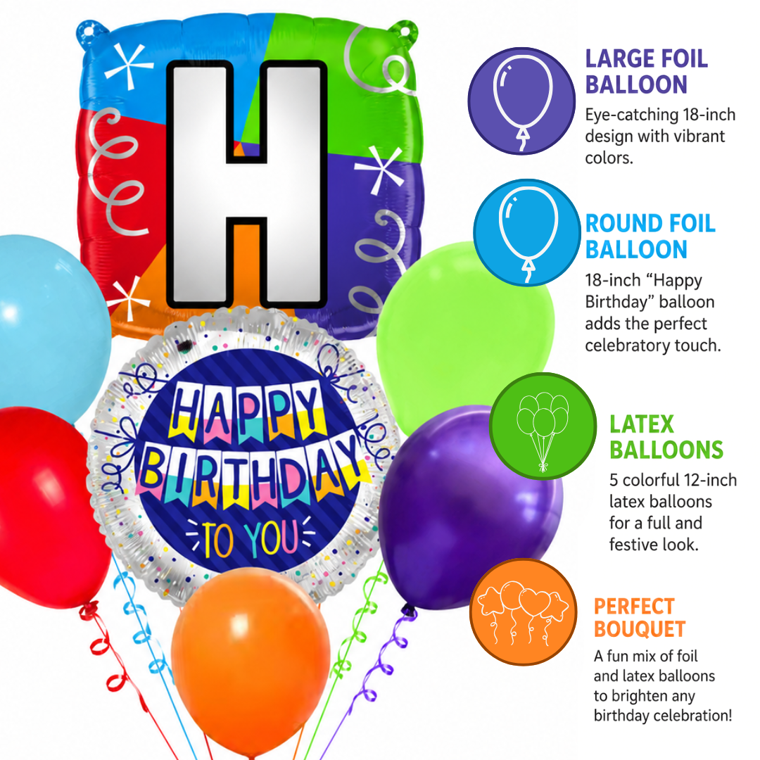 Customizable Alphabet "H" Square Shaped Balloon with Customized Name Stickers Bouquet Set of 7PC | Customizable Name Inital Balloons| Choose Your Name | Helium Filled & Delivers Inflated